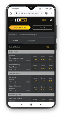 Mobile screenshot of the 18bet soccer bets