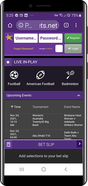 Mobile screenshot of the Hollywoodbets main page