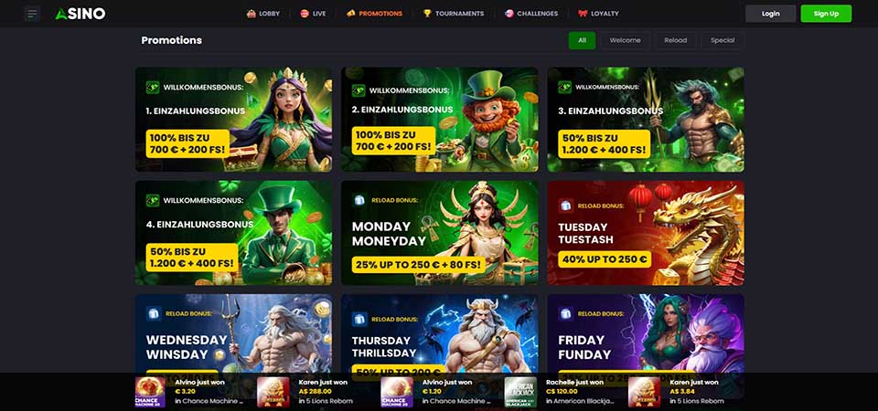 Screenshot of the Asino bonus page