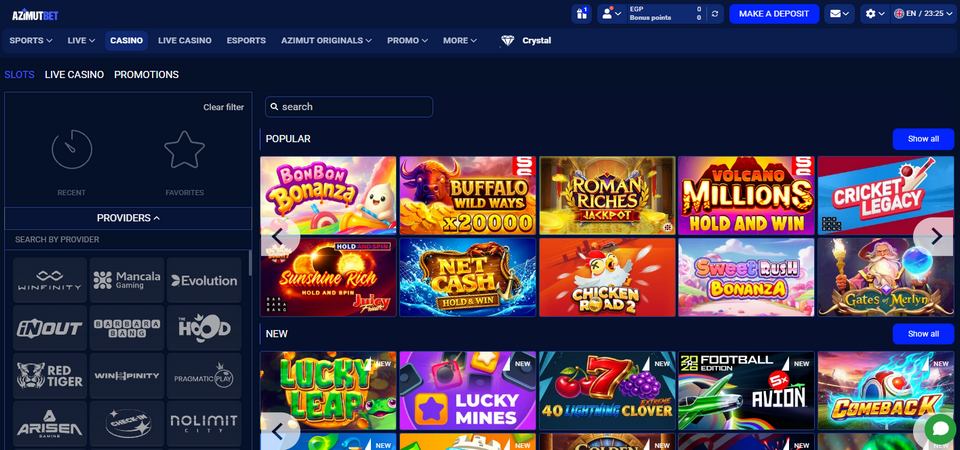 Screenshot of the Azimutbet casino page