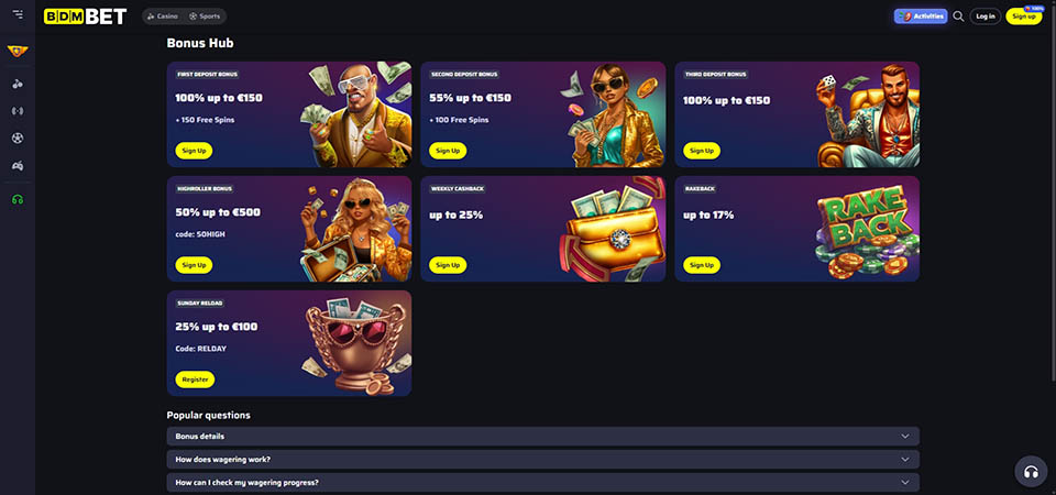 Screenshot of the BDMbet bonus page