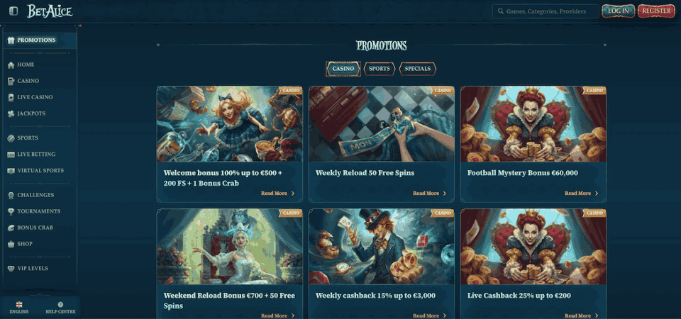 The screenshot of BetAlice casino promo page