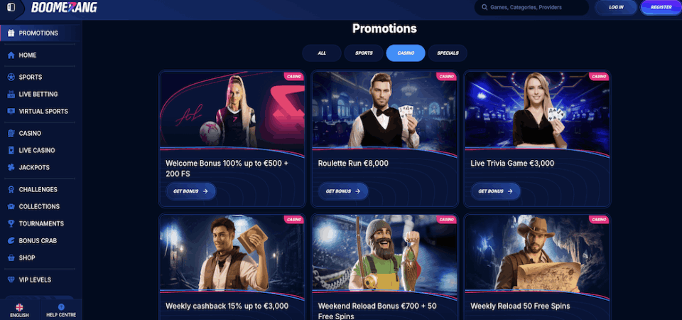 Screenshot of Boomerang casino promo page