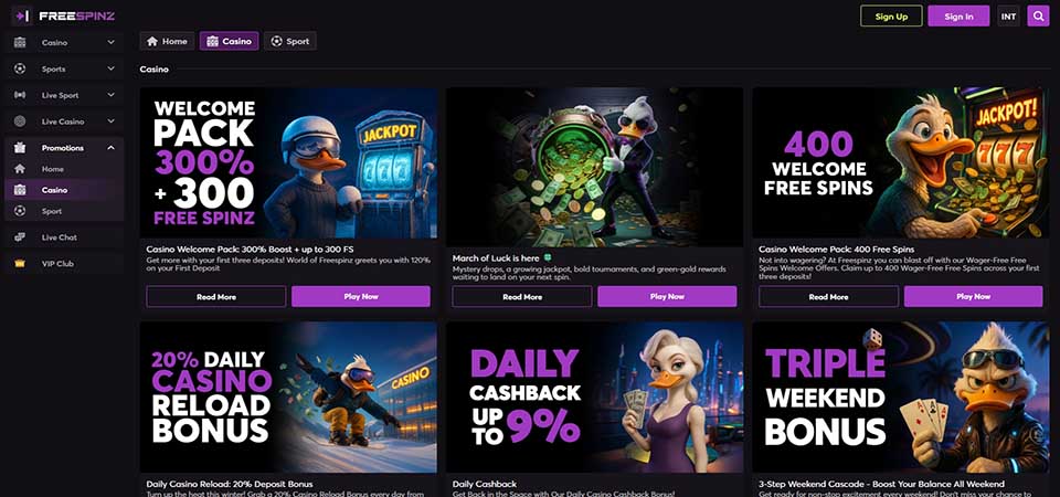 Screenshot of the Freespinz promo page