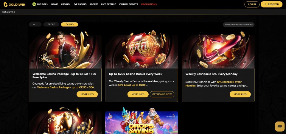 The screenshot of GoldiWin casino promo page