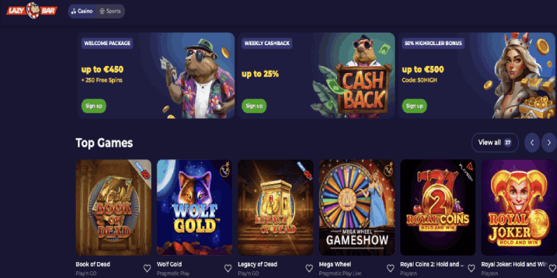 Screenshot of Lazybar casino page