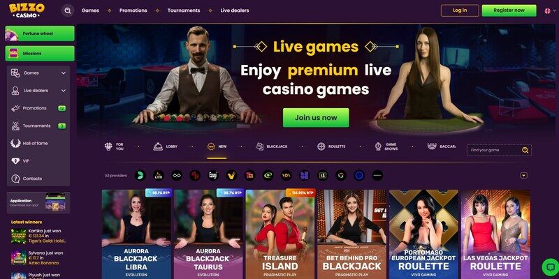 Bizzo live casino page