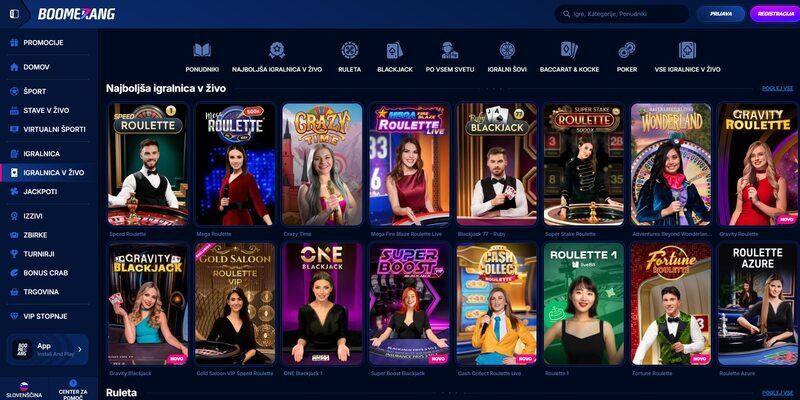 Boomerang live casino page
