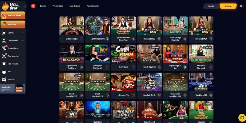 Hellspin live casino page