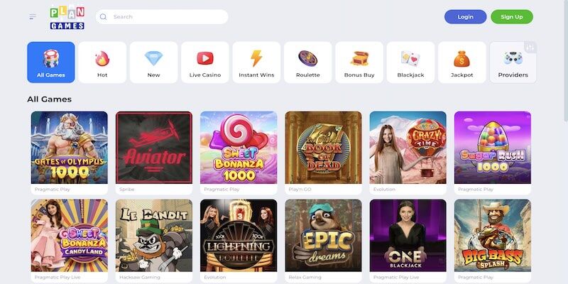 Screenshot of the Plangames casino page