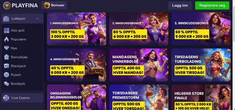 Screenshot of the Playfina bonuses page
