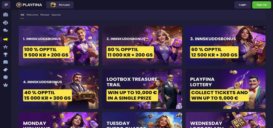 Screenshot of the Playfina bonuses page