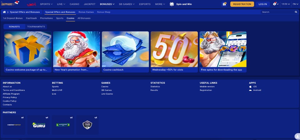 The screenshot of SapphireBet casino promo page