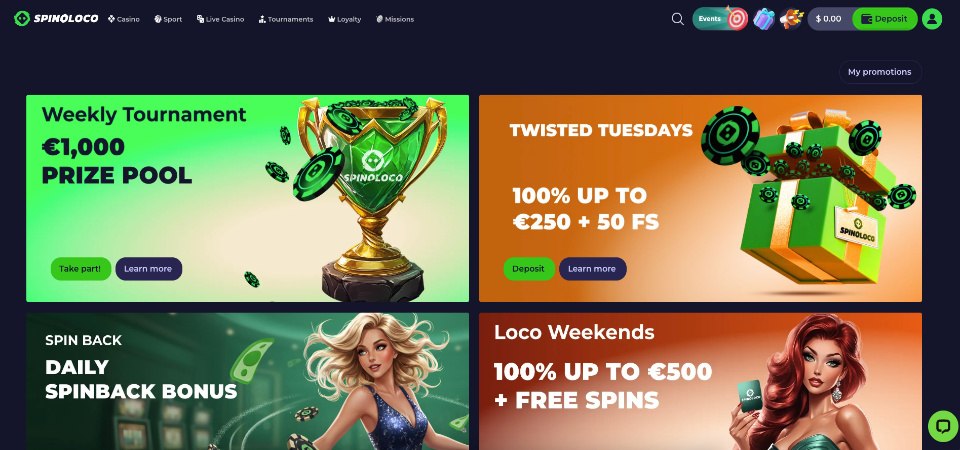 The screenshot of Spinoloco casino promo page