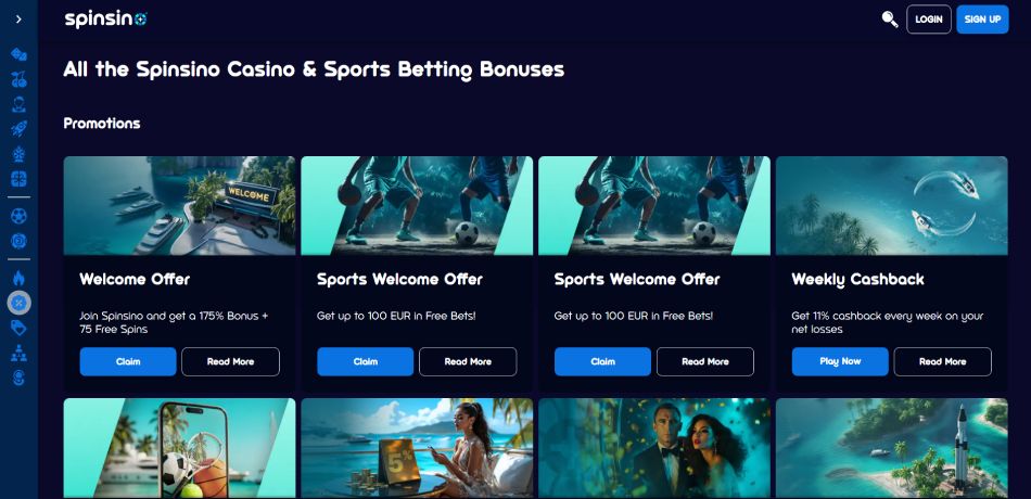 screenshot of spinsino promo page