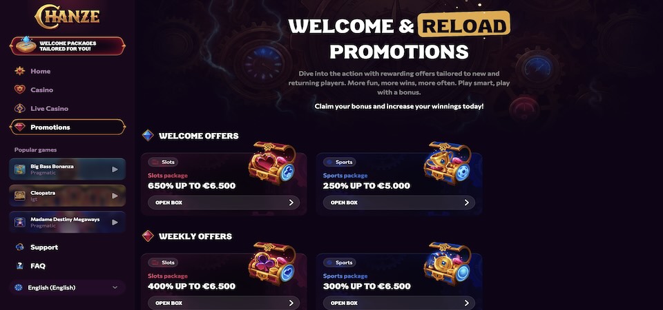 Screenshot of the Chanze casino promotions