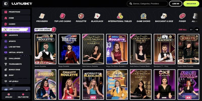 Lunubet live casino page