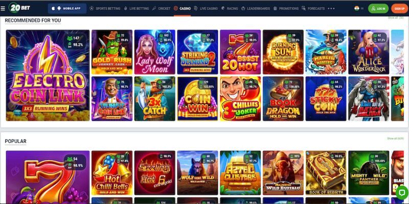 The screenshot of 20Bet casino page 