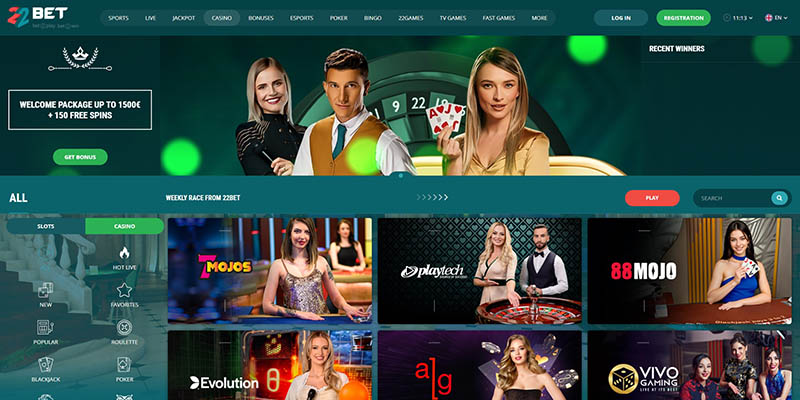 Screenshot of the 22bet casino page