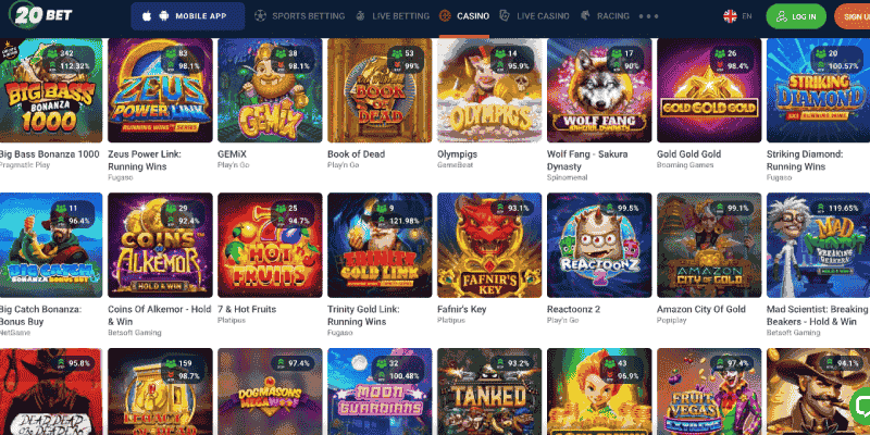Screenshot of the 20Bet casino page