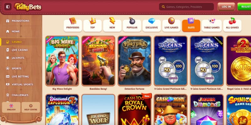 Screenshot of the BillyBets casino page