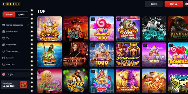 Screenshot of the Lamabet casino page