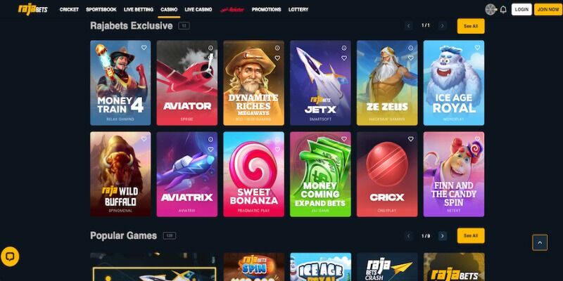 The screenshot of Rajabets casino page 