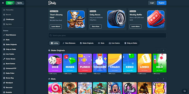 Screenshot of the Stake casino page