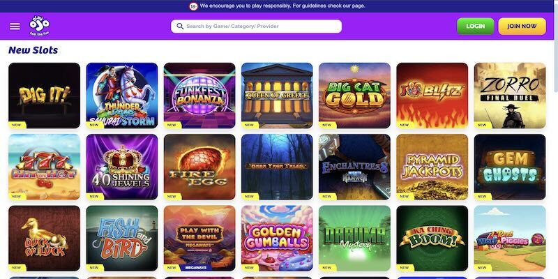 Screenshot of the PlayOJO casino page