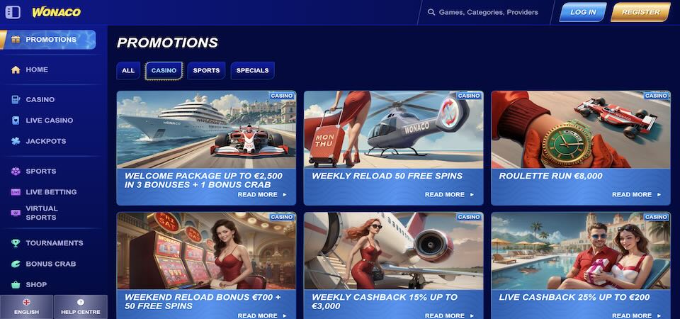 Screenshot of the Wonaco promotions page