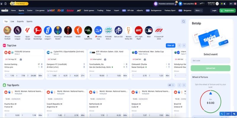 The screenshot of 1win main sports page 