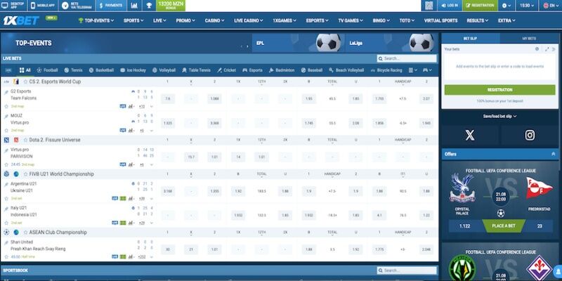 The screenshot of 1xBet main sports page 