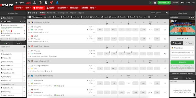 The screenshot of 888Starz main sports page 