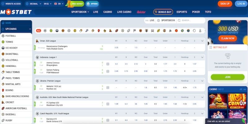 The screenshot of Mostbet main sports page 