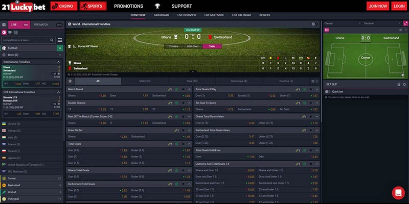 Screenshot of the 21luckybet sport page