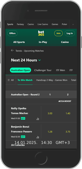 Mobile screenshot of the bet365 bonuses page