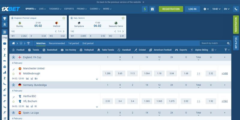 football bookmaker 1xbet - homepage