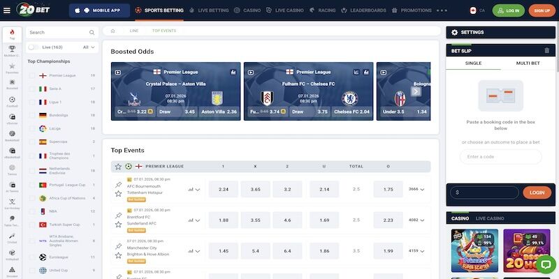 Screenshot of the 20Bet sports page