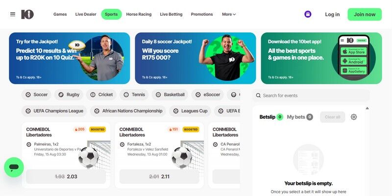 Screenshot of the 10Bet sport page
