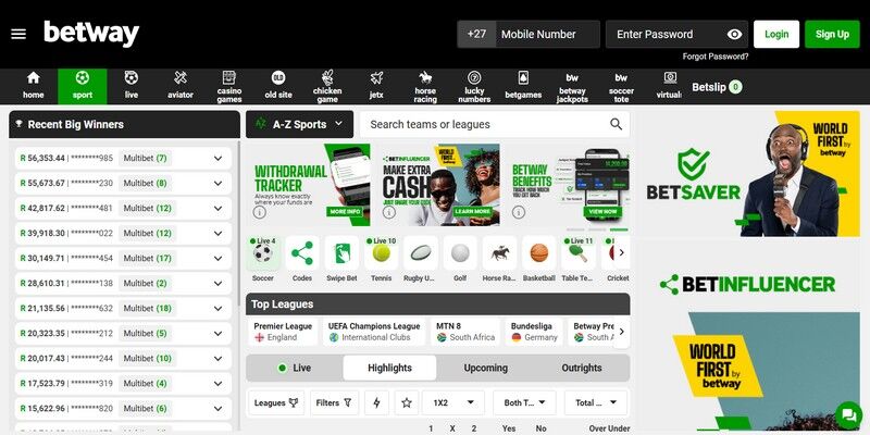 Screenshot of the Betway sport page