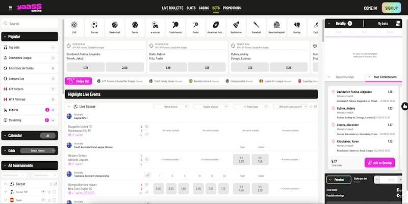 Sports page screenshot - YAASS Casino