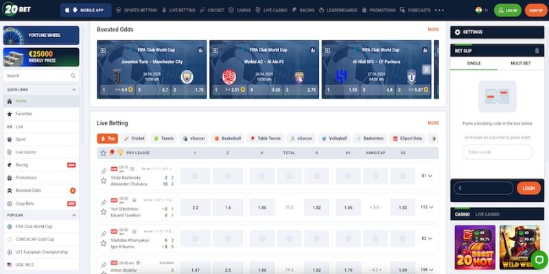 Mobile screenshot of 20Bet sports page