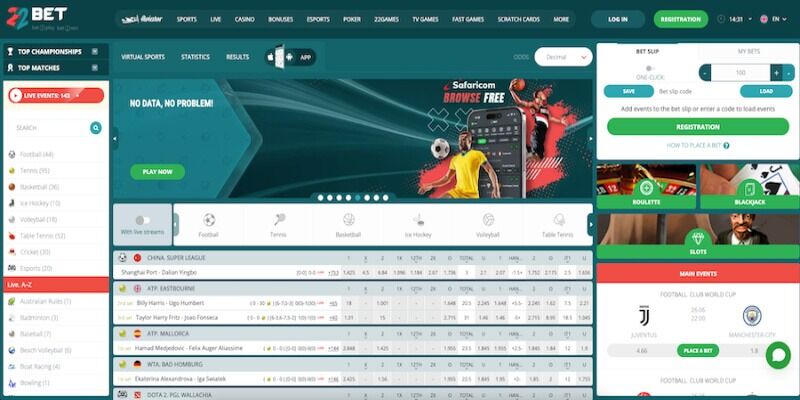 Screenshot of 22Bet main page