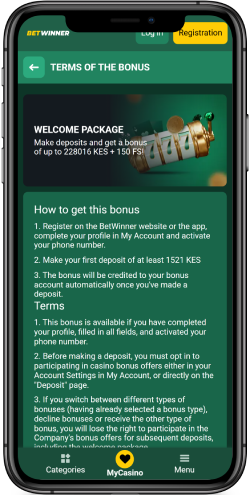 The mobile screenshot of Casino Welcome Package