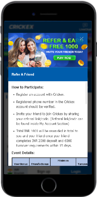 Crickex Refer a Friend bonus up to 50% of first deposit of your friend