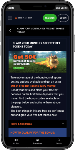 Mobile screenshot of the Dreambet Monthly freebet