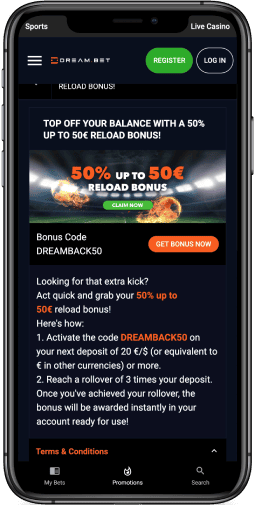 Mobile screenshot of the Dreambet reload bonus