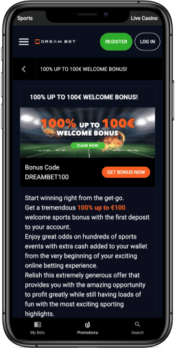 Mobile screenshot of the dreambet welcome bonus