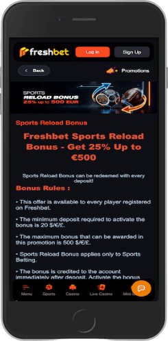 Mobile screenshot of the Freshbet Sports Reload Bonus