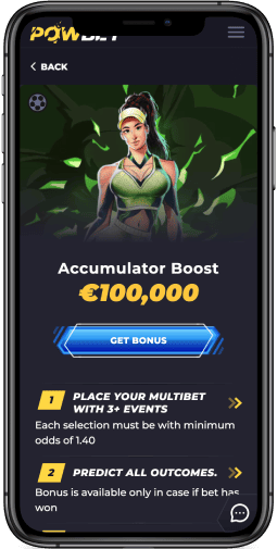 Mobile screenshot of the Powbet Accumulator Boost €100,000